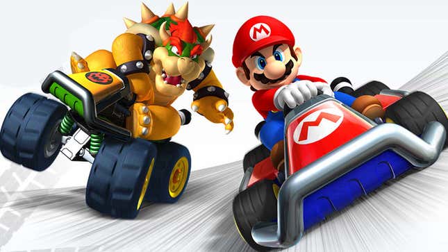 An image shows Mario and Bowser racing karts. 