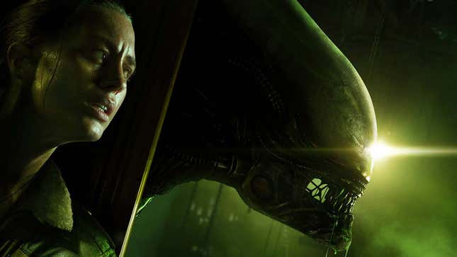 An image shows a woman hiding from a Xenomorph. 