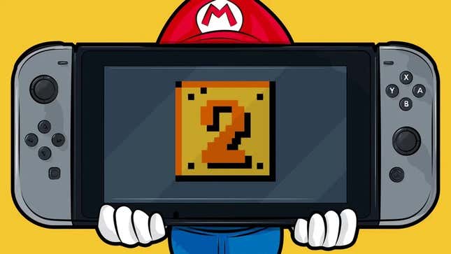 Mario holds up a Switch with a question block on it. 