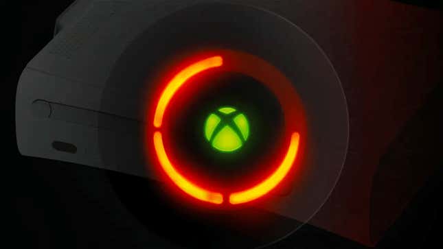 A stylized image shows an Xbox power button and logo with the red-ring error symbol.