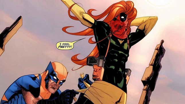 Wolverine dresses Deadpool in a Jean Grey costume