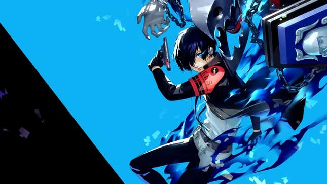 The key art for Persona 3 Reload featuring the main playable character brandishing a gun and their summonable Persona in their S.E.E.S outfit.