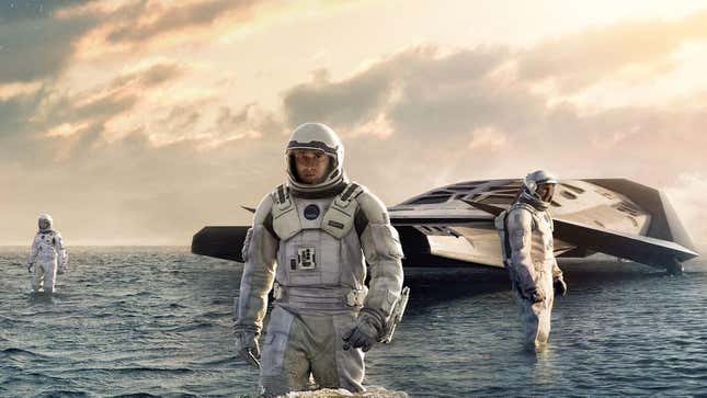 Interstellar's astronauts explore a strange planet. 