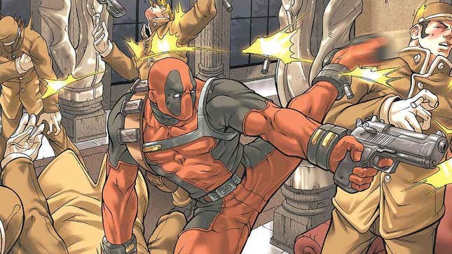 Deadpool kicks a bunch of guys